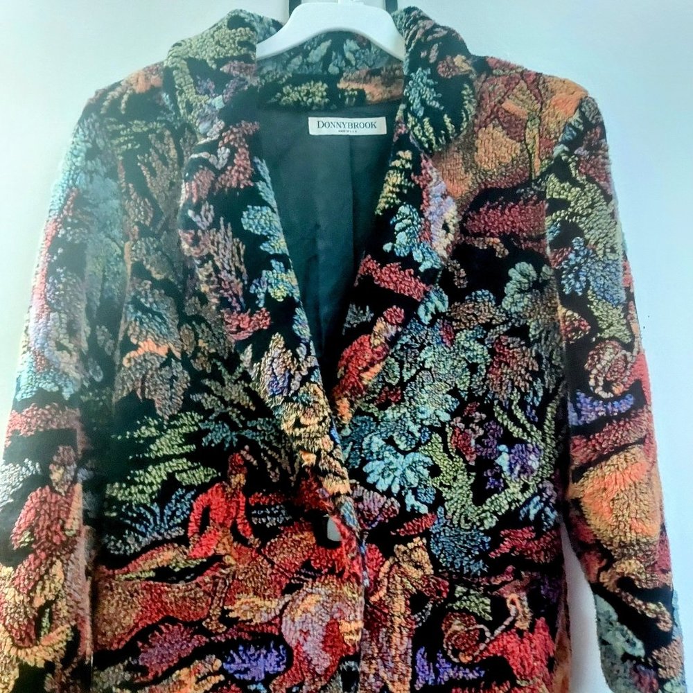 Vintage Donnybrook Plush Faux Fur Horse Equestrian Hunting Scene Coat Jacket